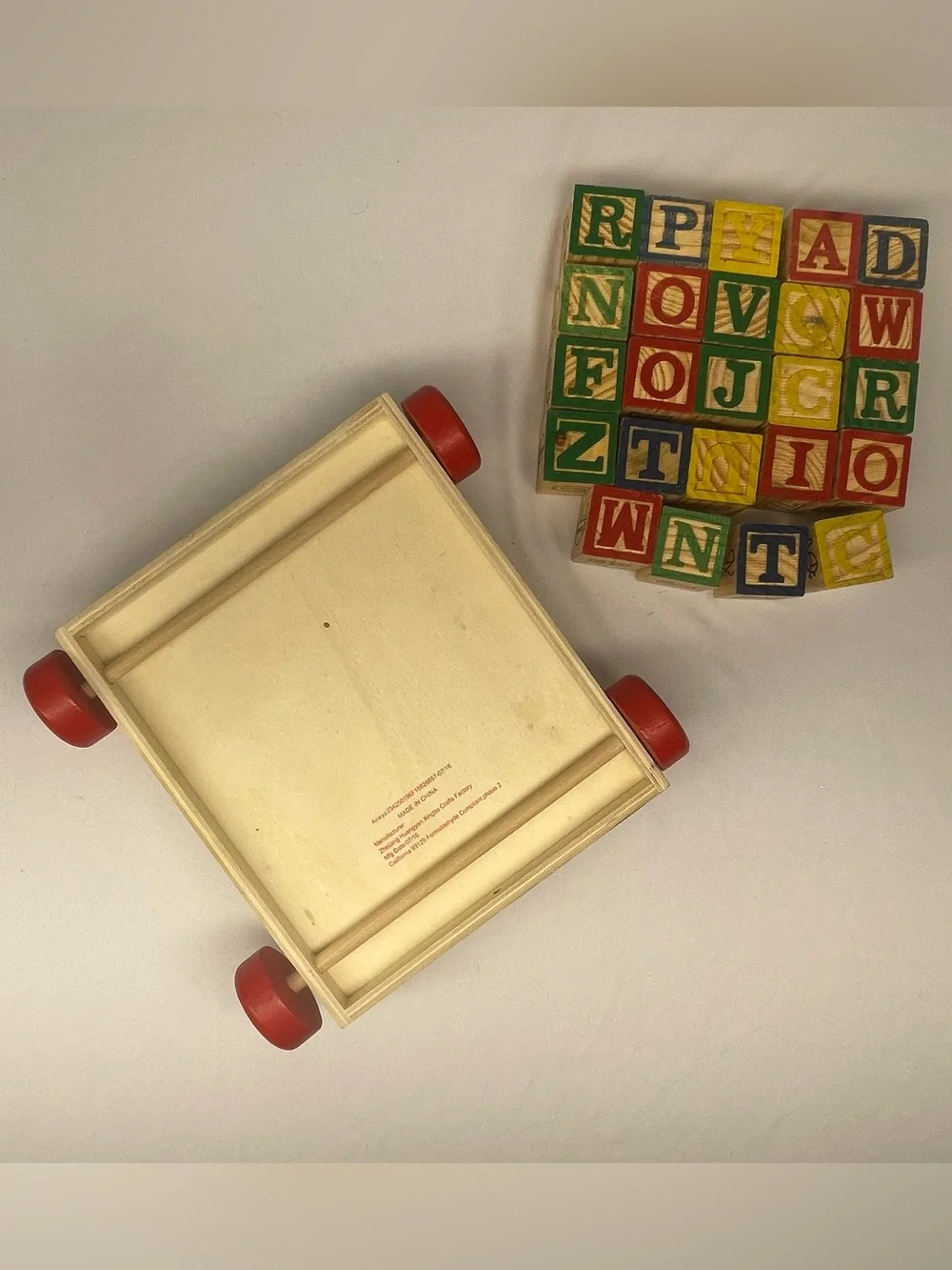Wooden Alphabet Pull Wagon with Colorful Letter Blocks - Red Wheels